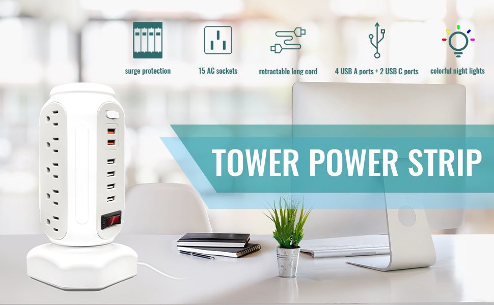 Tower power strip, multi outlet, multiple plug, power strip, power outlet
