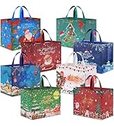 AhfuLife Christmas Gift Bags, 8 Packs Christmas Tote Bags with Handles, Reusable Non-woven Christ...