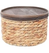 Small Water Hyacinth Storage Basket with Wooden Lid, 7.45" D x 4.1" H Handwoven Round Organizer f...