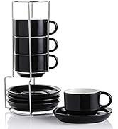 SWEEJAR Porcelain Espresso Cups with Saucers, 4 Ounce Stackable Cappuccino Cups with Metal Stand ...