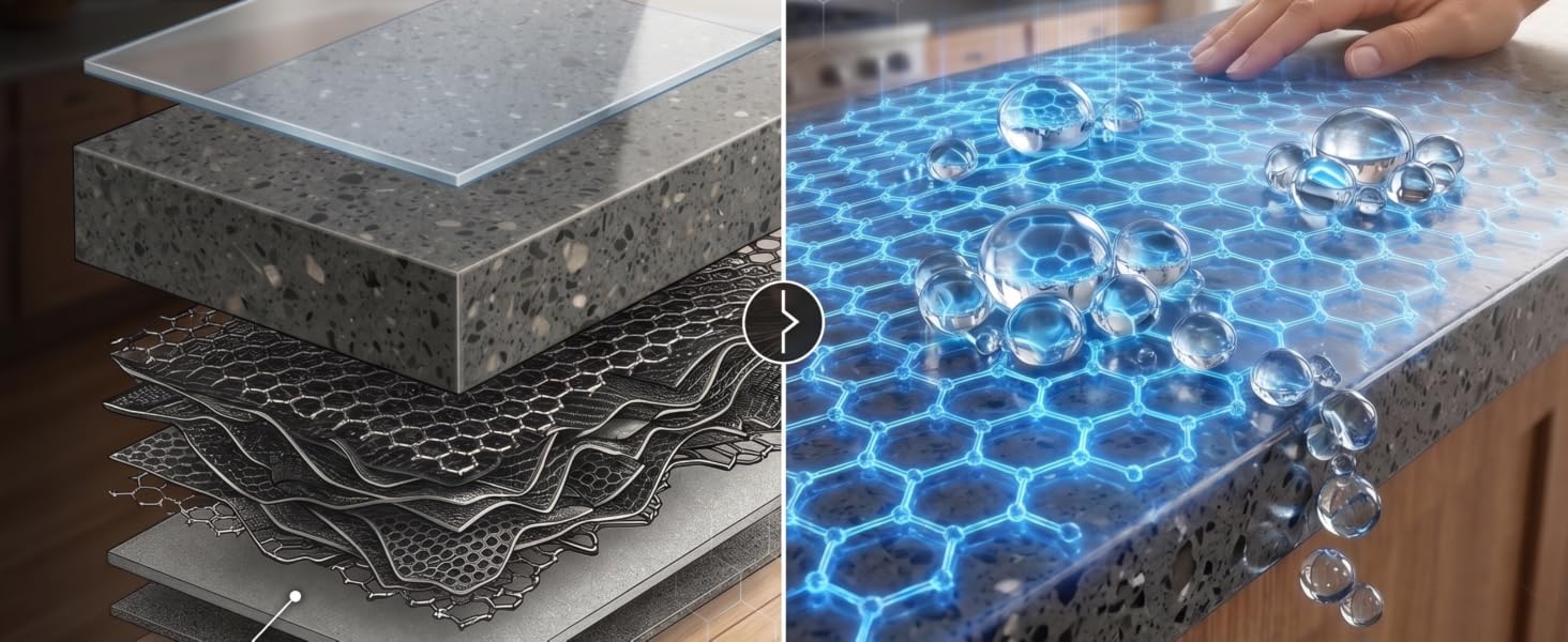 Side by side images showing the layer of the counter and how SqueCle sits on top and protects