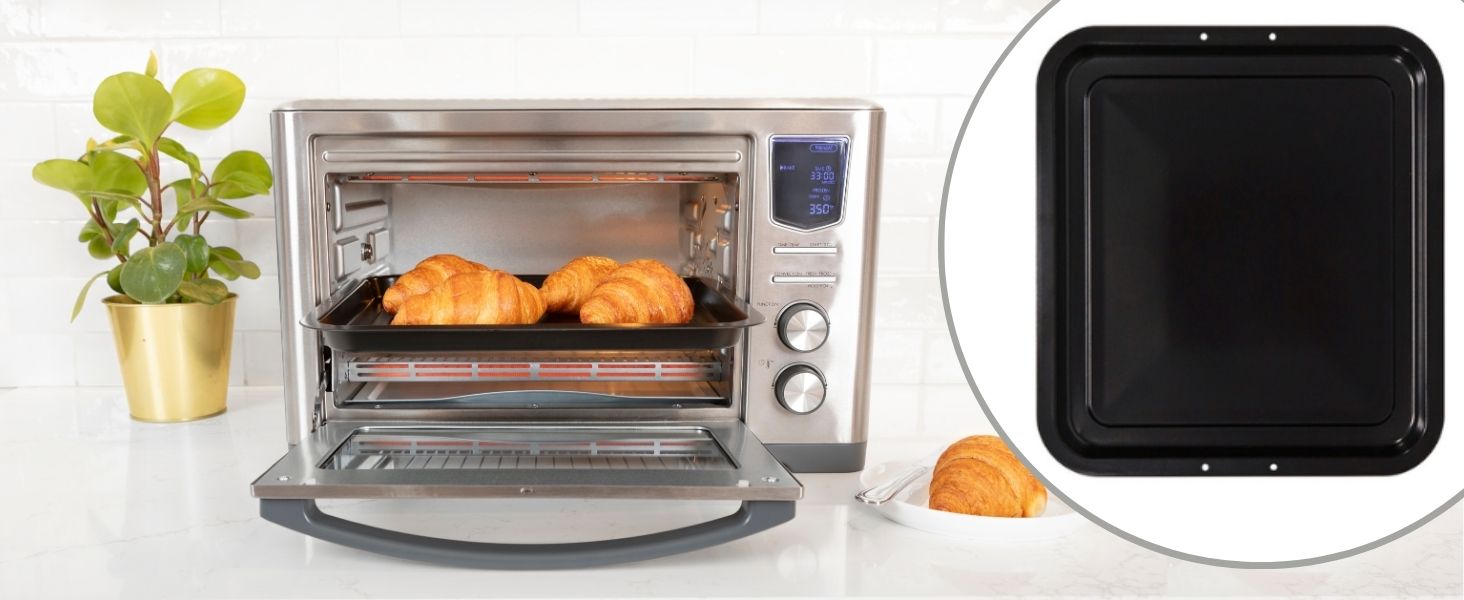 Kenmore digital toaster oven air fryer on a kitchen counter with inset closeup of baking pan