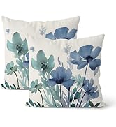 Floral Pillow Covers 18x18 Inch 2 Pcs Watercolor Navy Blue Aqua Teal Flower Outdoor Decor Throw P...