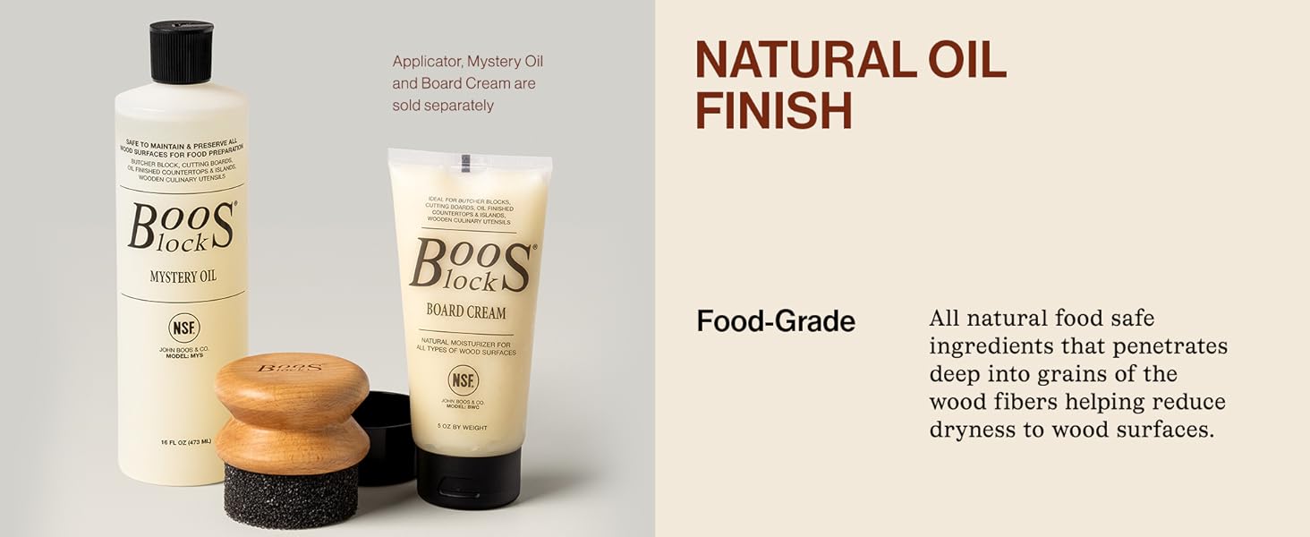 Cutting Board Care and Maintenance - Oil, Cream and Applicator.Text reads: Natural Oil Finish