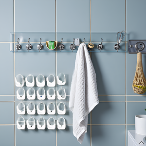 A modern bathroom with a sleek vanity and a wall adorned with the product, creating an organized and
