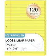 Yellow Loose Leaf Paper 8 x 10.5, 120 Sheets Lined Paper College Ruled Paper, 3 Hole Punched Note...