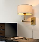JIMUBEAM Vintage Linen Fabric Swing Arm Wall Sconces Adjustable Head Plug in with Dimmable Switch