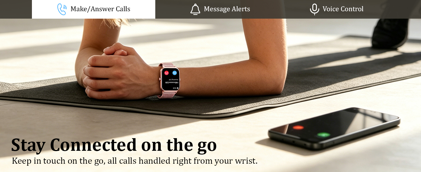 Text reads "Whats Women Kall", "Samsung Watch", "Miss Control", "Stay Connected on the go", "Keep in touch on the go, all calls handled right from your wrist." Woman wearing smartwatch on exercise mat with phone nearby.