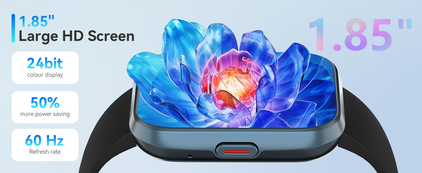 Text reads '1.85" Large HD Screen' '24bit' '60 Hz' '50%'. Gaming device display advertisement showing blue-tinted screen with technical specifications.