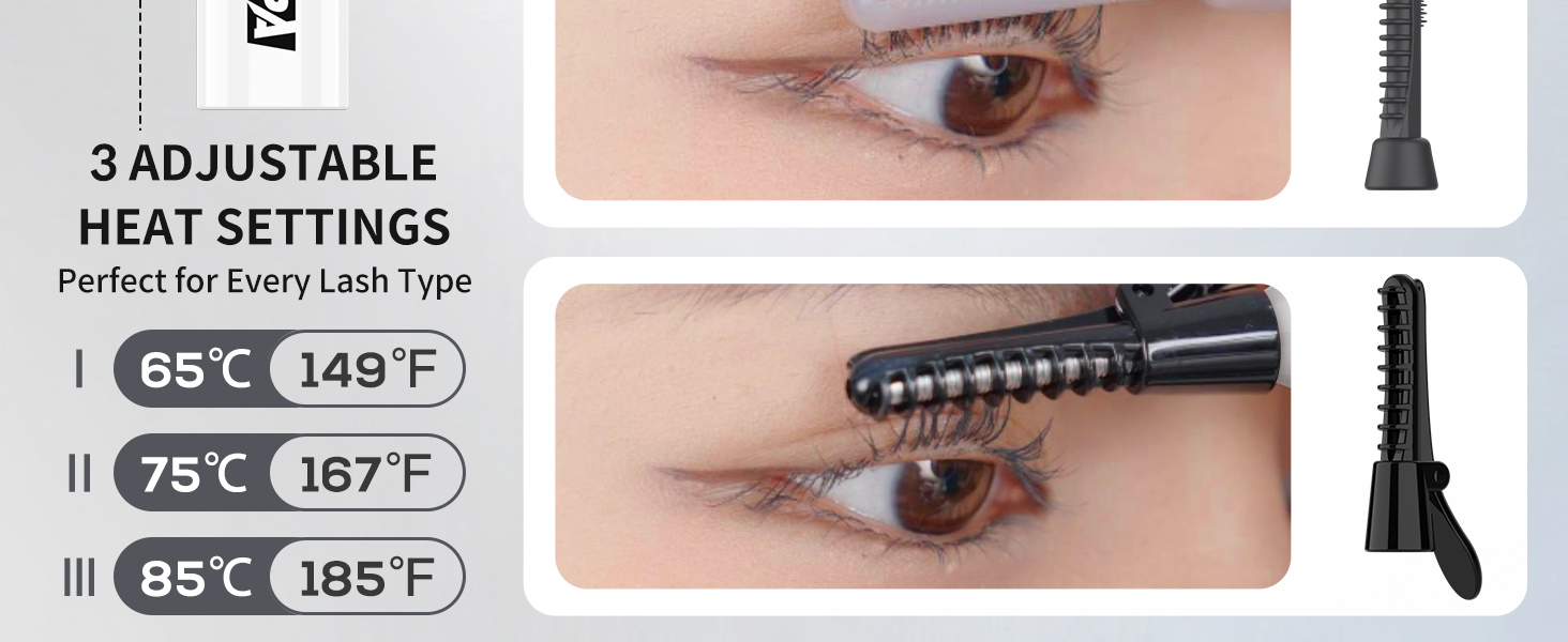 Heated eyelash curler with 3 adjustable heat settings: 65°C, 75°C, and 85°C. Close-up images show the device in use near an eye and its curved heating element.