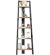 ALISENED 5 Tier Corner Shelf, 68.9" Wood Tall Ladder Bookshelf, Industrial Plant Stand Storage Sh...