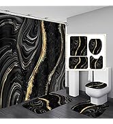 Nkzply 4 Pcs Black Marble Shower Curtain Sets with Rugs Gold Bathroom Sets with Shower Curtain an...