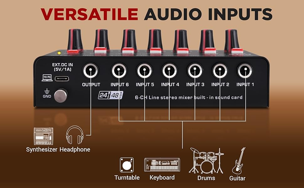 6-Channel Wireless BT Streaming Mini Line Mixer with USB Audio Interface