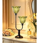 TECHYAP Green Glass Flower Table Lamp for Bedroom Vintage Lamp Dimmable | 2 Bulbs Included Mid Ce...
