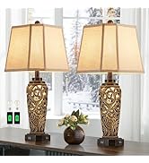 AIEAMPDO 27" Set of 2 Farmhouse Table Lamps for Living Room with USB A+C Ports, Vintage Nightstan...