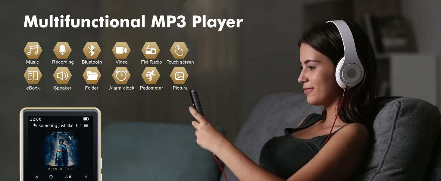 64GB MP3 Player with Bluetooth 5.3, Portable Music Player with Voice Recorder ,FM Radio, Pedometer