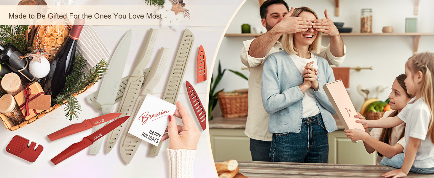 Multicolor kitchen knife gift set with sharpener, perfect for holiday gifting