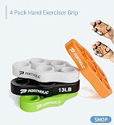 4 Pack Hand Exerciser Grip set by Portholic. Includes finger resistance bands in orange, green, black, and white. Demonstrated on hands. One grip labeled 13LB.