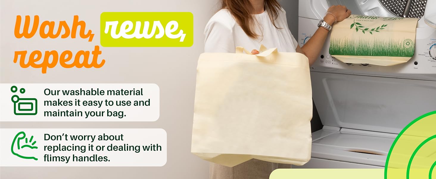Woman washing her reusable tote bags with handles on the washer machine