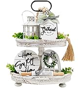 Houmury Set of 16 Farmhouse Tiered Tray Decor with 1 Lantern Artificial Plant& Cutting Board Sign...
