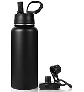 Neihepal 32 Ounce Insulated Water Bottle with Straw Lid & Spout Lid,18/8 Stainless Steel Double W...