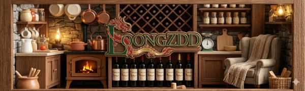 LOONGZDD brand logo in a warm, cozy miniature wine cellar and kitchen background.