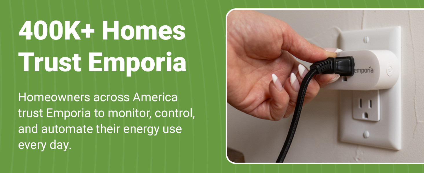 Hand plugging a cord into an Emporia smart plug in a wall outlet. Trusted by 400K+ homes.
