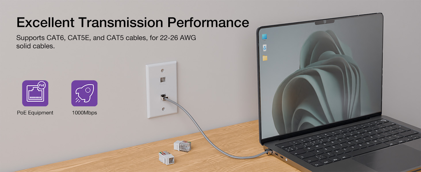support PoE, Cat6, Cat5e and Cat5 cables for 22-26 AWG solid network cables