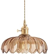 Shenmoyl Pendant Light with Amber Scindapsus Glass Lmapshade, Brass Vintage Pendant Light Adjusta...