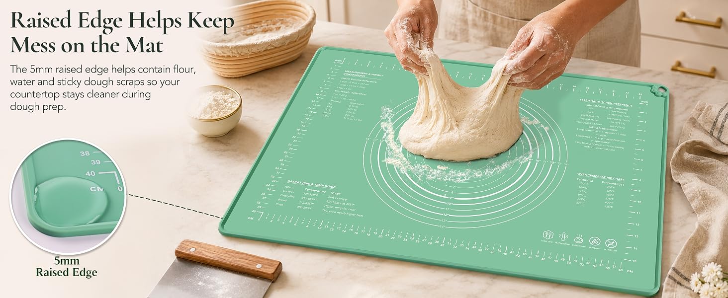5mm raised edge helps contain flour, water and sticky dough scraps on the mat