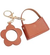 CALFOVERA Small Makeup Bag with Flower Mirror Brown PU Leather Hnadbag Keychain Portable Mini Lea...