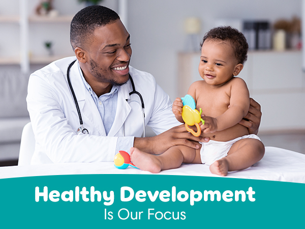 Healthy development is our focus. Baby with doctor