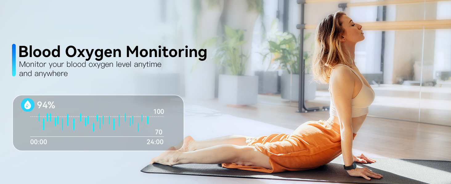 Text reads 'Blood Oxygen Monitoring'. Product demonstration showing device usage for health monitoring on wrist.