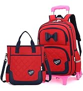 Rolling Trolley Backpack Bowknot for Girls Primary Schoolbag with Handbag Wheeled Daypack Set