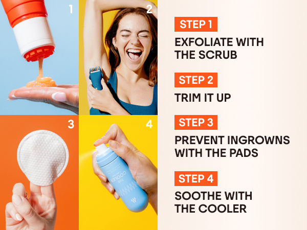 Exfoliate with the scrub, Trim it up, Prevent Ingrowns with the pads, Soothe with the Cooler