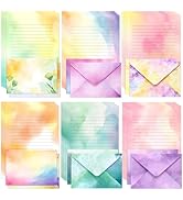 KSIWRE Watercolor Stationary Letter and Envelopes, 24 Lined Writing Paper with 12 Matching Envelo...