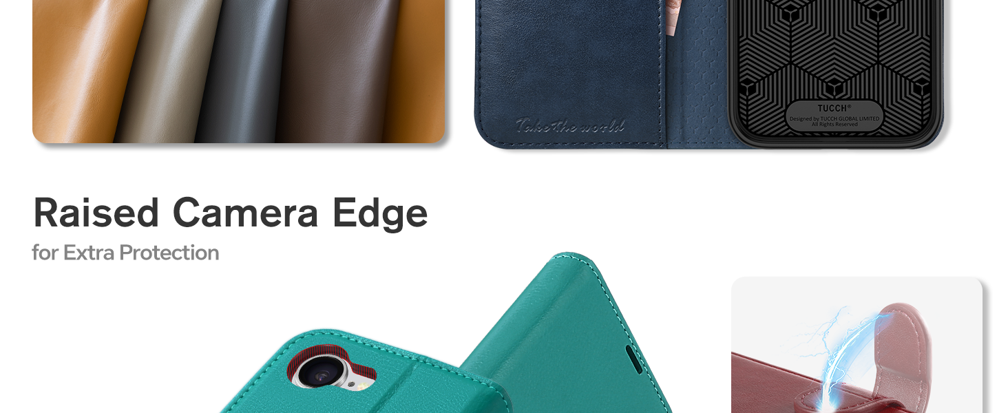 Phone case design featuring raised camera edge protection, shown in multiple colors including teal and with close-up detail of the protective rim.
