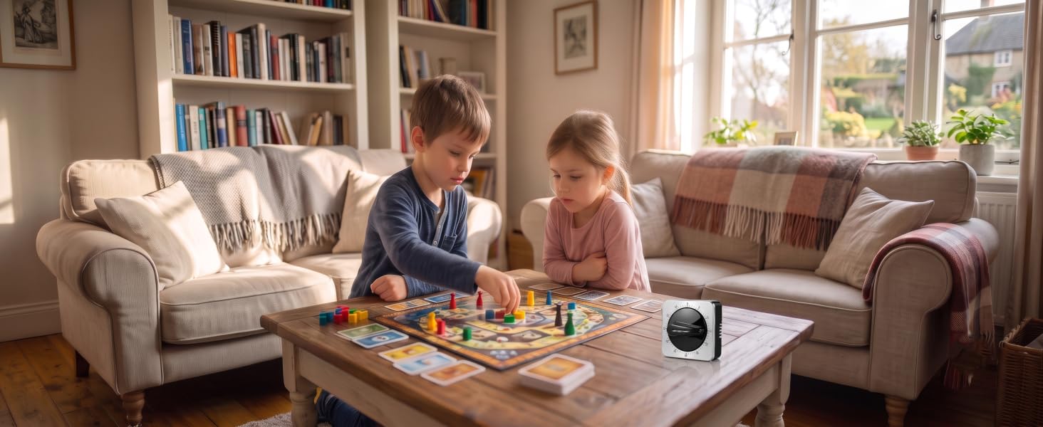 mechanical kitchen timer next to children playing a board game.