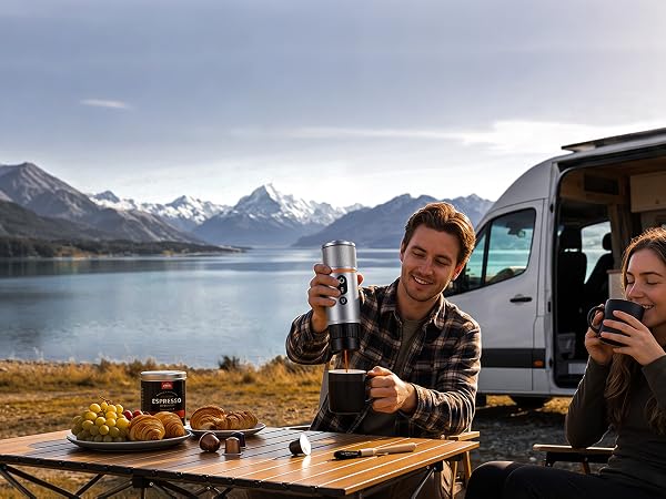 Two people were on a caravan trip, operating the coffee machine and enjoying coffee