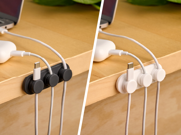 desk cables easily organized and kept untangled with the MagnaDock adhesive magnetic cord organizer