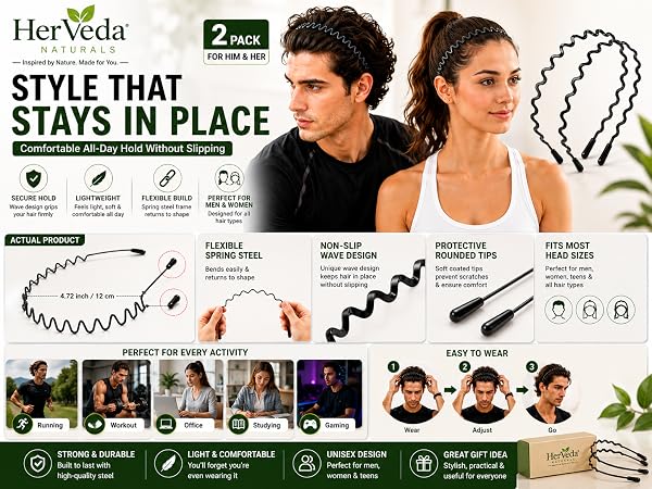 HerVeda unisex wave headband 2-pack showing 12cm size dimensions, paint finish, and protective ends