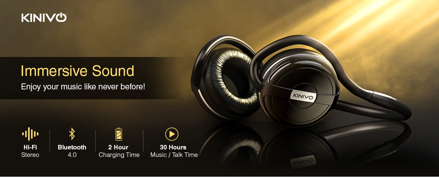 KINIVO wireless headphones bluetooth professional on ear music headsets HiFi Stereo sweat proof 30h