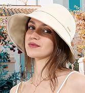 Sun Hat for Women Wide Brim Bucket Hats with Bow Ponytail Hole UV Protection Beach Cap for Summer