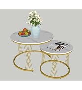 AT-VALY 27.5 Inch Round Nesting Coffee Table Set of 2, White Marble Look MDF Top & Gold Metal Leg...