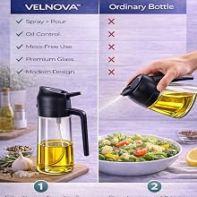 Oil bottle shown spraying oil onto food and pouring oil from the spout