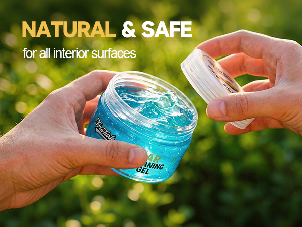 Hands opening a jar of car cleaning gel labeled "Natural & Safe for all interior surfaces"