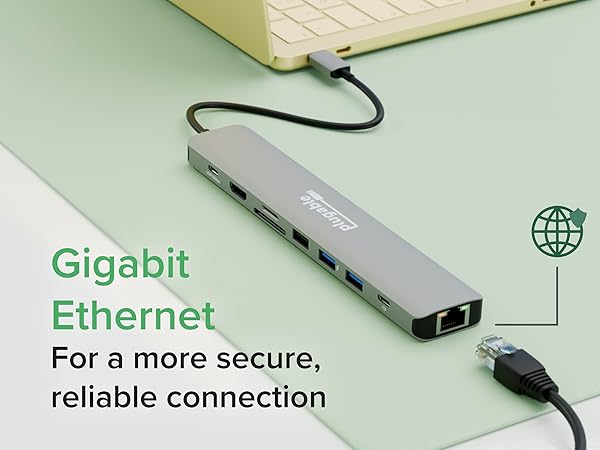 USB C Hub 9-in-1 Adapter with 10Gbps USB-C, Gigabit Ethernet port for stable wired internet.