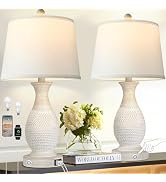 PARTPHONER Set of 2 Table Lamps with USB C+A Fast Charging Ports, 26" Tall Farmhouse Living Room ...