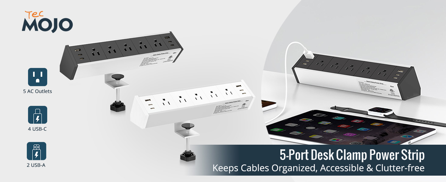 Desk Clamp Power Strip 5 Outlet with 2 USB A and 4 USB C Ports