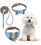BINGPET Bow Tie Dog Collar and Leash Set,Cute Adjustable Classic Plaid Dog Bandana Collar with Be...